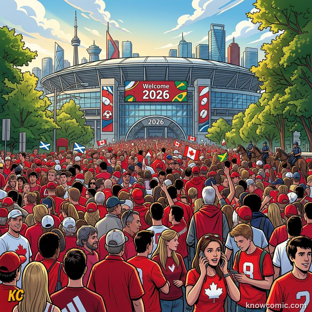 Comic panel titled the most ambitious world cup ever planned, labelled host cities, from the KnowComic World Cup 2026 lesson on the hosts' football story