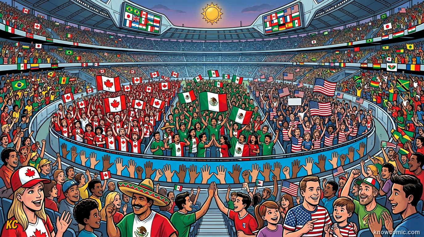 Comic panel titled the most ambitious world cup ever planned, labelled three hosts, one cup, from the KnowComic World Cup 2026 lesson on the hosts' football story