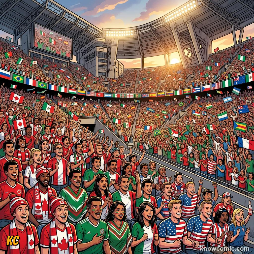 Comic panel labelled 48 teams, illustrating the hosts' football story in KnowComic's World Cup 2026 series