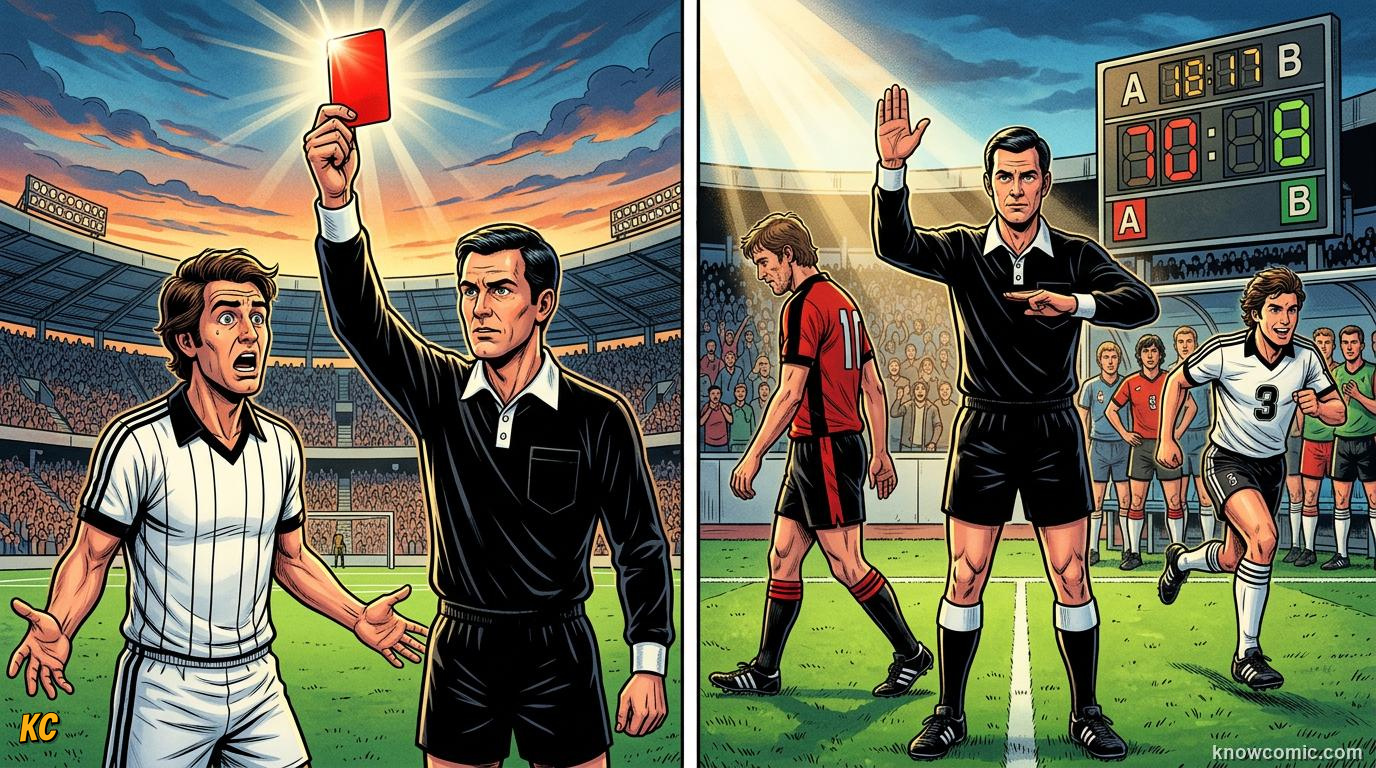Comic panel titled the year football got its rulebook, labelled mexico 1970, from the KnowComic World Cup 2026 lesson on world cups that changed the game