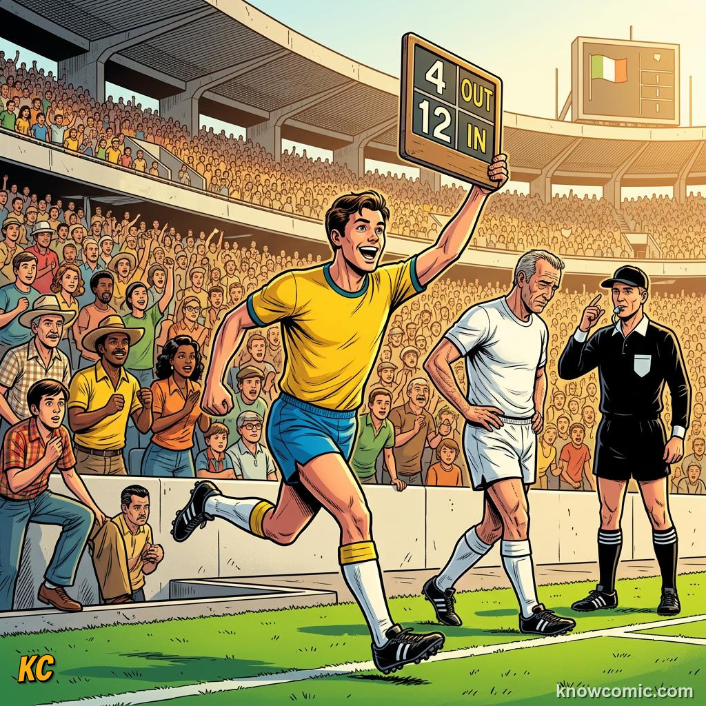 Comic panel titled five kicks, one goalkeeper, endless drama, labelled substitutes, from the KnowComic World Cup 2026 lesson on world cups that changed the game