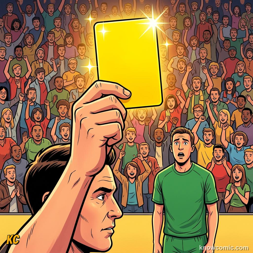Comic panel titled five kicks, one goalkeeper, endless drama, labelled cards, from the KnowComic World Cup 2026 lesson on world cups that changed the game