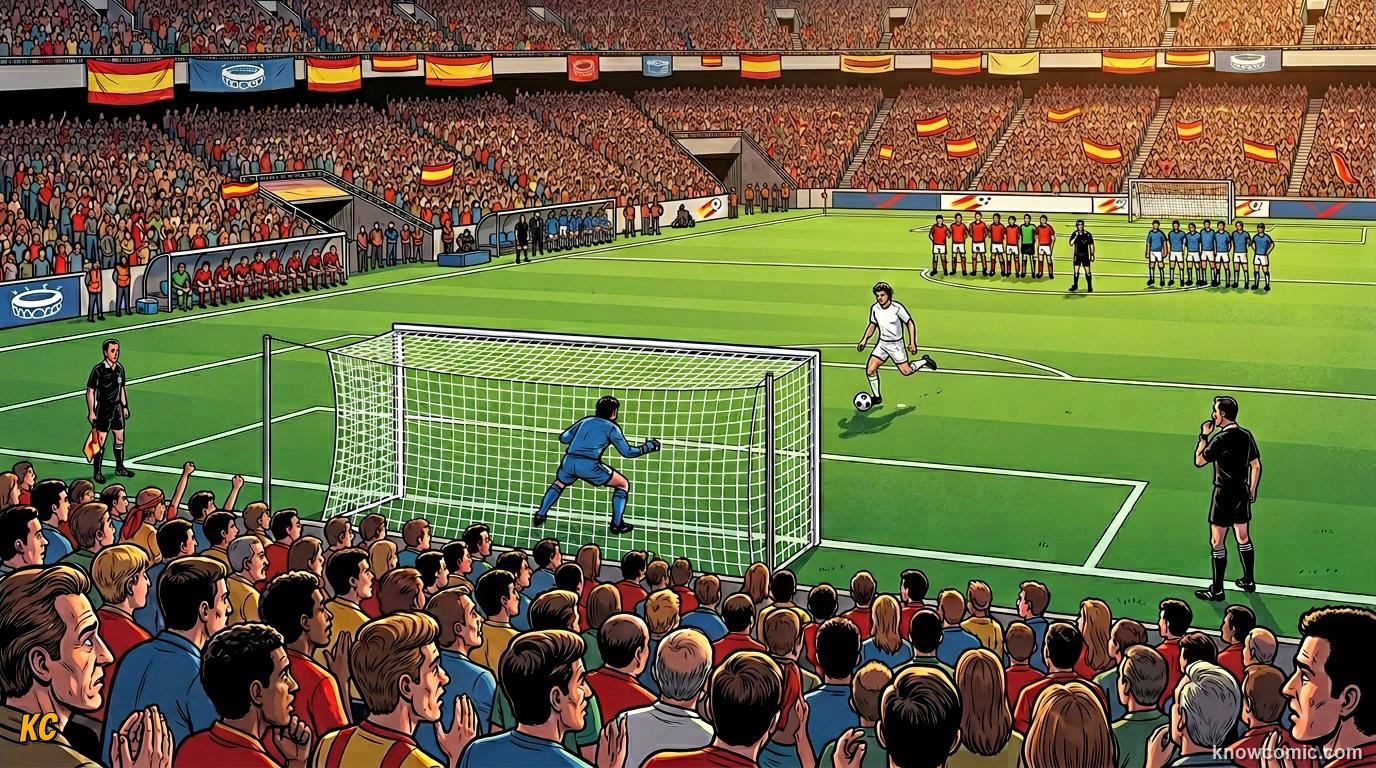Comic panel titled five kicks, one goalkeeper, endless drama, labelled the lottery arrives, from the KnowComic World Cup 2026 lesson on world cups that changed the game