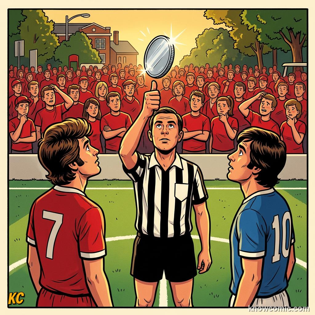 Comic panel titled the backpass rule transformed how football is played, labelled coin toss, from the KnowComic World Cup 2026 lesson on world cups that changed the game