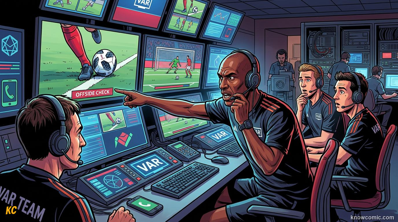 Comic panel titled var the most controversial rule in football history, labelled the video referee, from the KnowComic World Cup 2026 lesson on world cups that changed the game