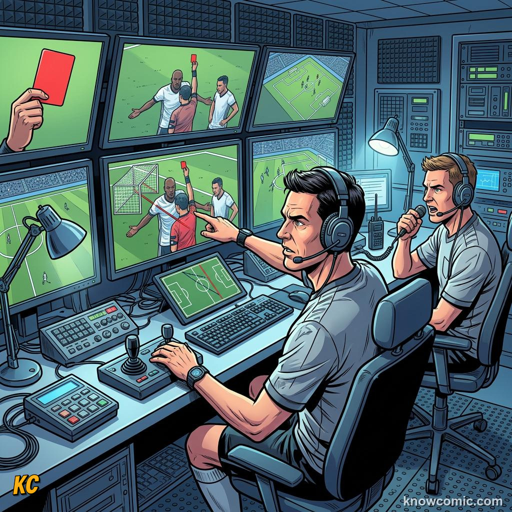 Comic panel titled every world cup teaches football something new, labelled how var works, from the KnowComic World Cup 2026 lesson on world cups that changed the game