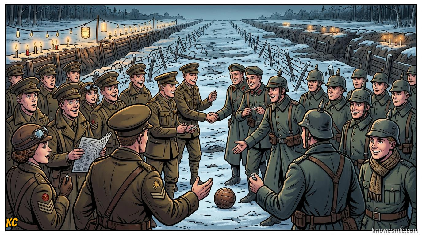 Comic panel titled the day enemies played football together, labelled world war one, december 1914, from the KnowComic World Cup 2026 lesson on football & peace