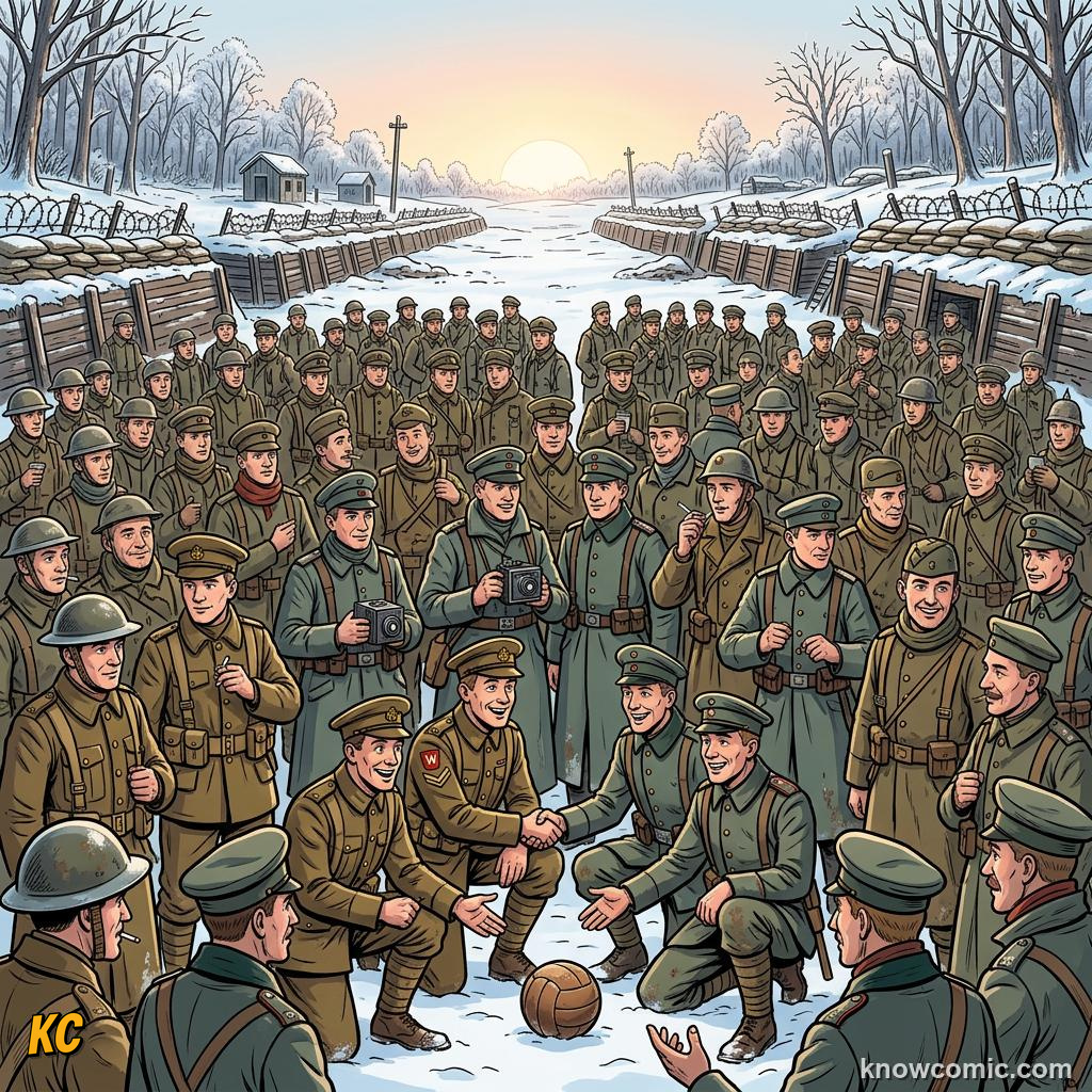 Comic panel titled the strange case of the war football helped start, labelled no man's land, from the KnowComic World Cup 2026 lesson on football & peace