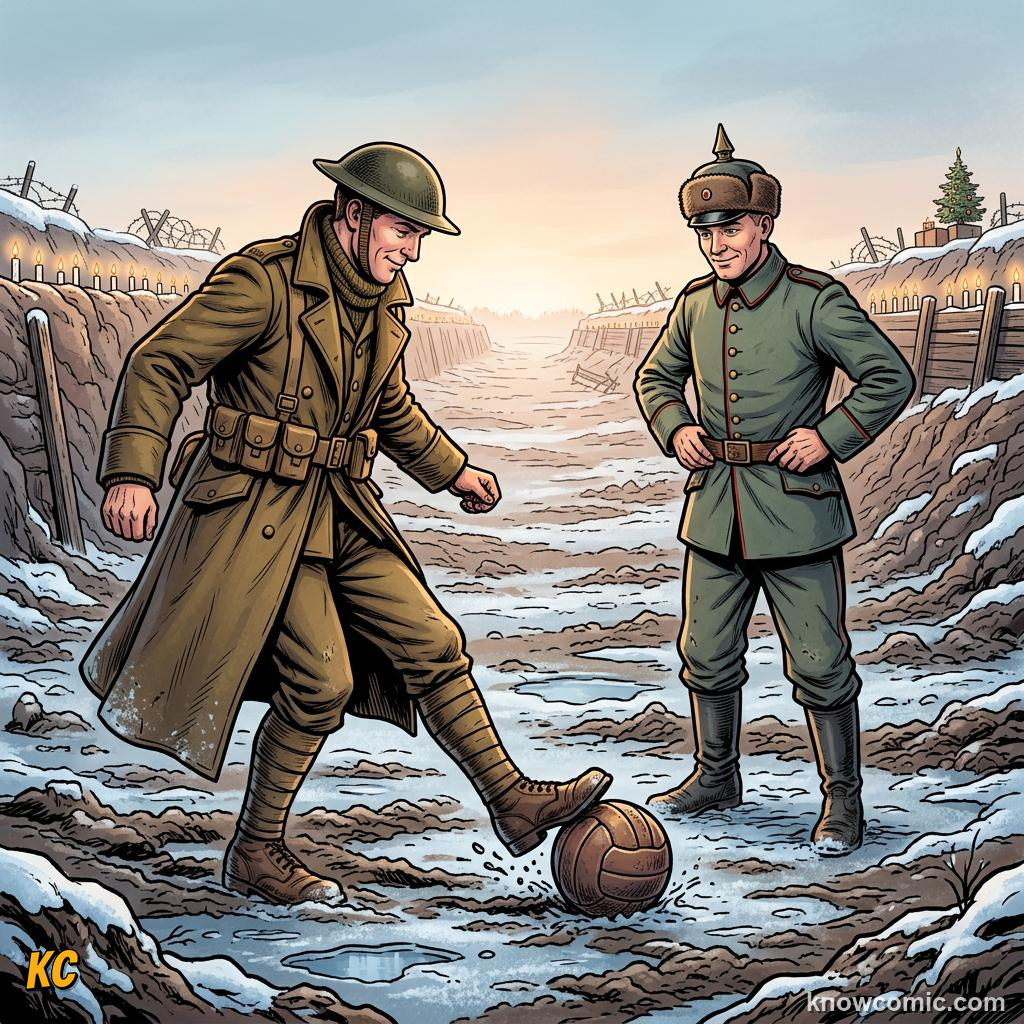 Comic panel titled the strange case of the war football helped start, labelled the story, from the KnowComic World Cup 2026 lesson on football & peace