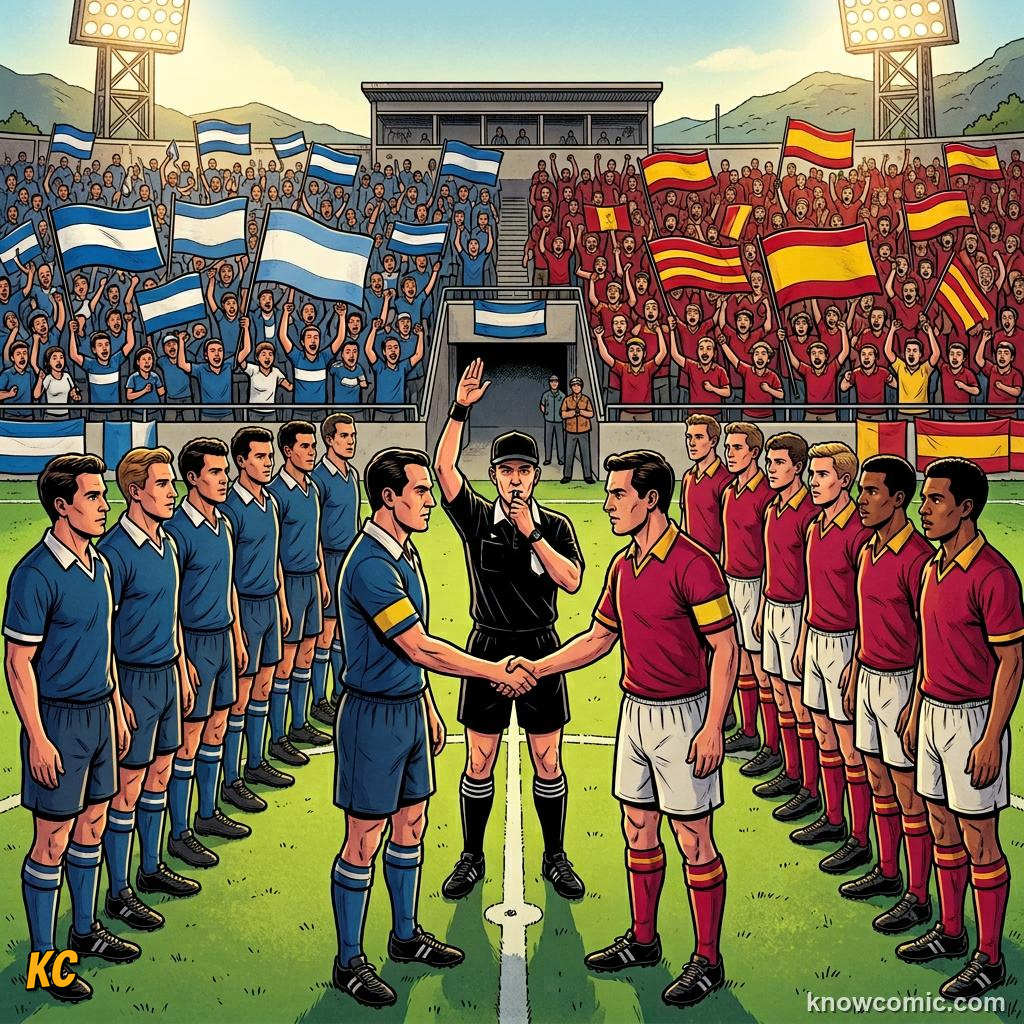 Comic panel titled the football captain who asked a nation to stop fighting, labelled the match, from the KnowComic World Cup 2026 lesson on football & peace