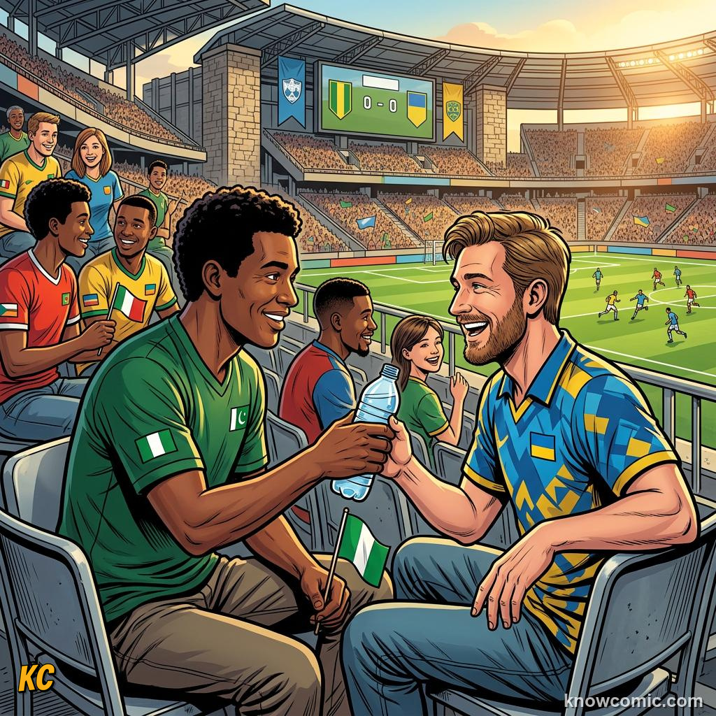 Comic panel titled the football captain who asked a nation to stop fighting, labelled the lesson, from the KnowComic World Cup 2026 lesson on football & peace