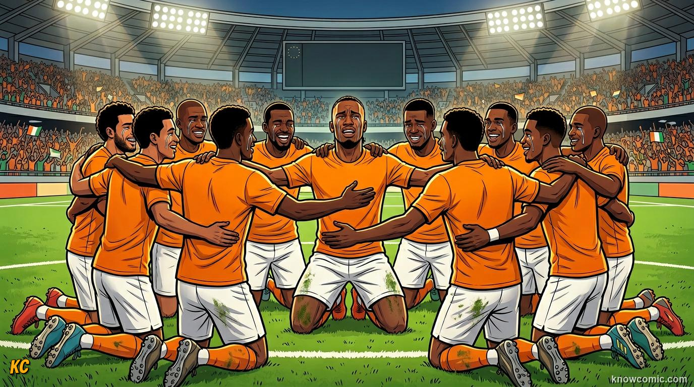 Comic panel titled the football captain who asked a nation to stop fighting, labelled didier drogba's plea, from the KnowComic World Cup 2026 lesson on football & peace