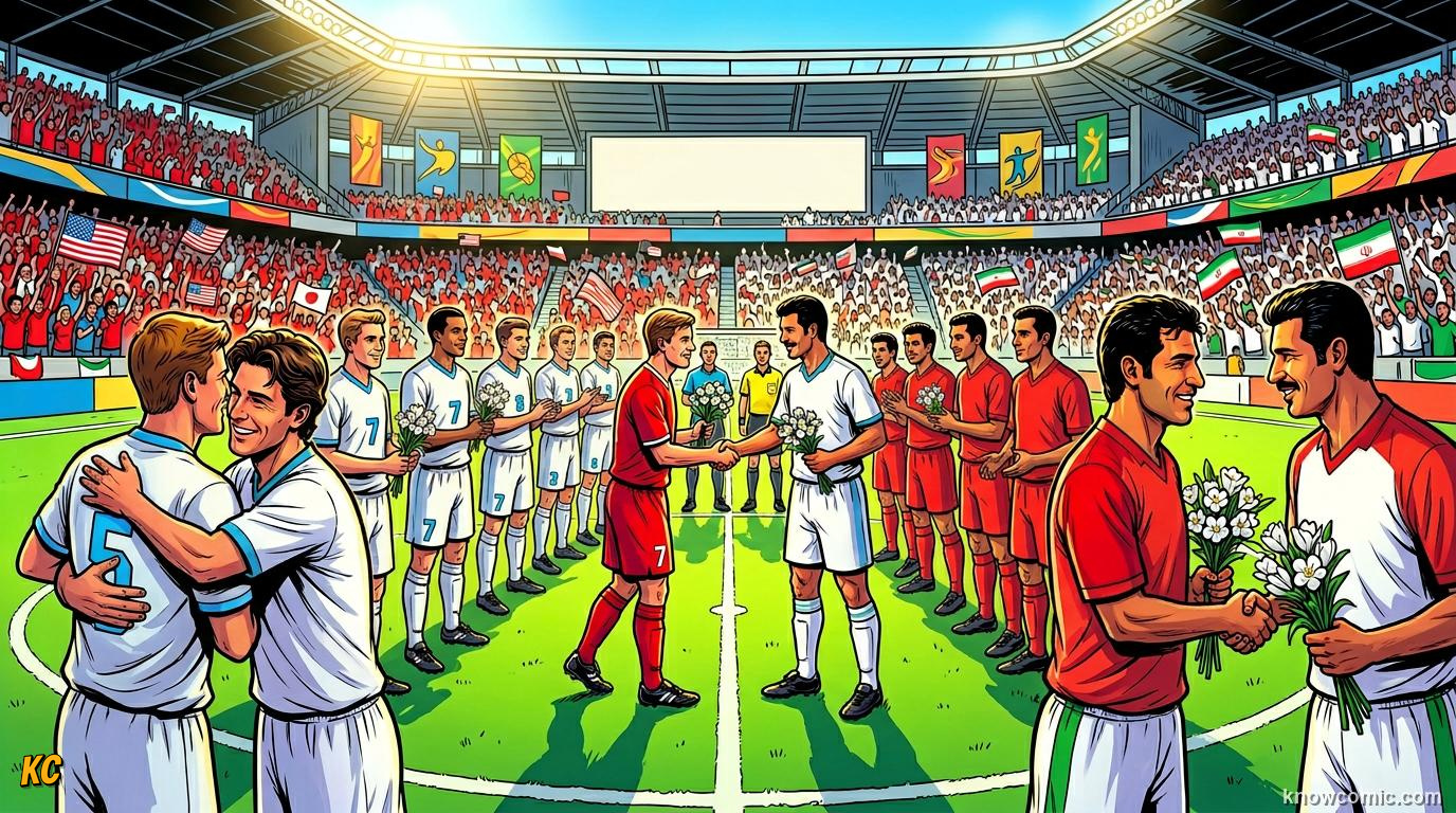 Comic panel titled how football opens doors that politics closes, labelled sport diplomacy, from the KnowComic World Cup 2026 lesson on football & peace