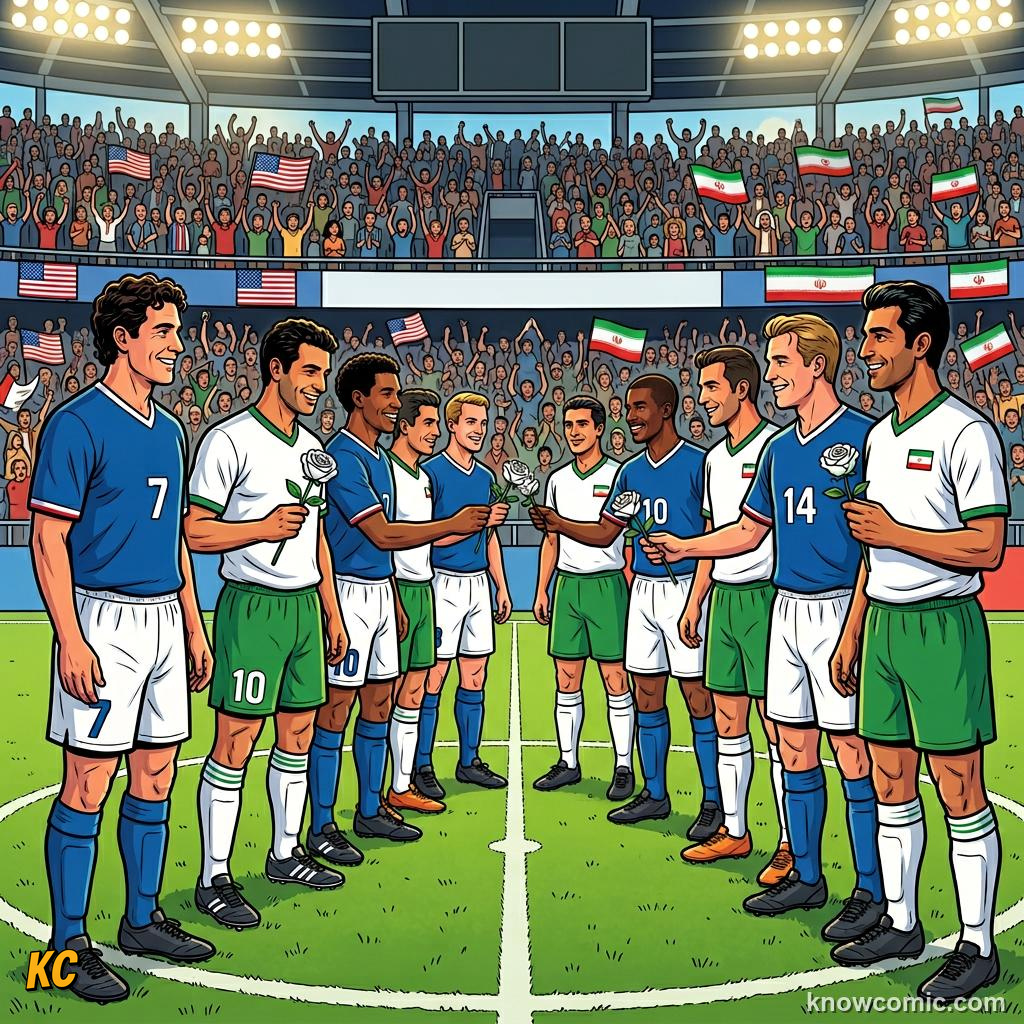 Comic panel titled why a football can go where a diplomat cannot, labelled usa vs iran 1998, from the KnowComic World Cup 2026 lesson on football & peace