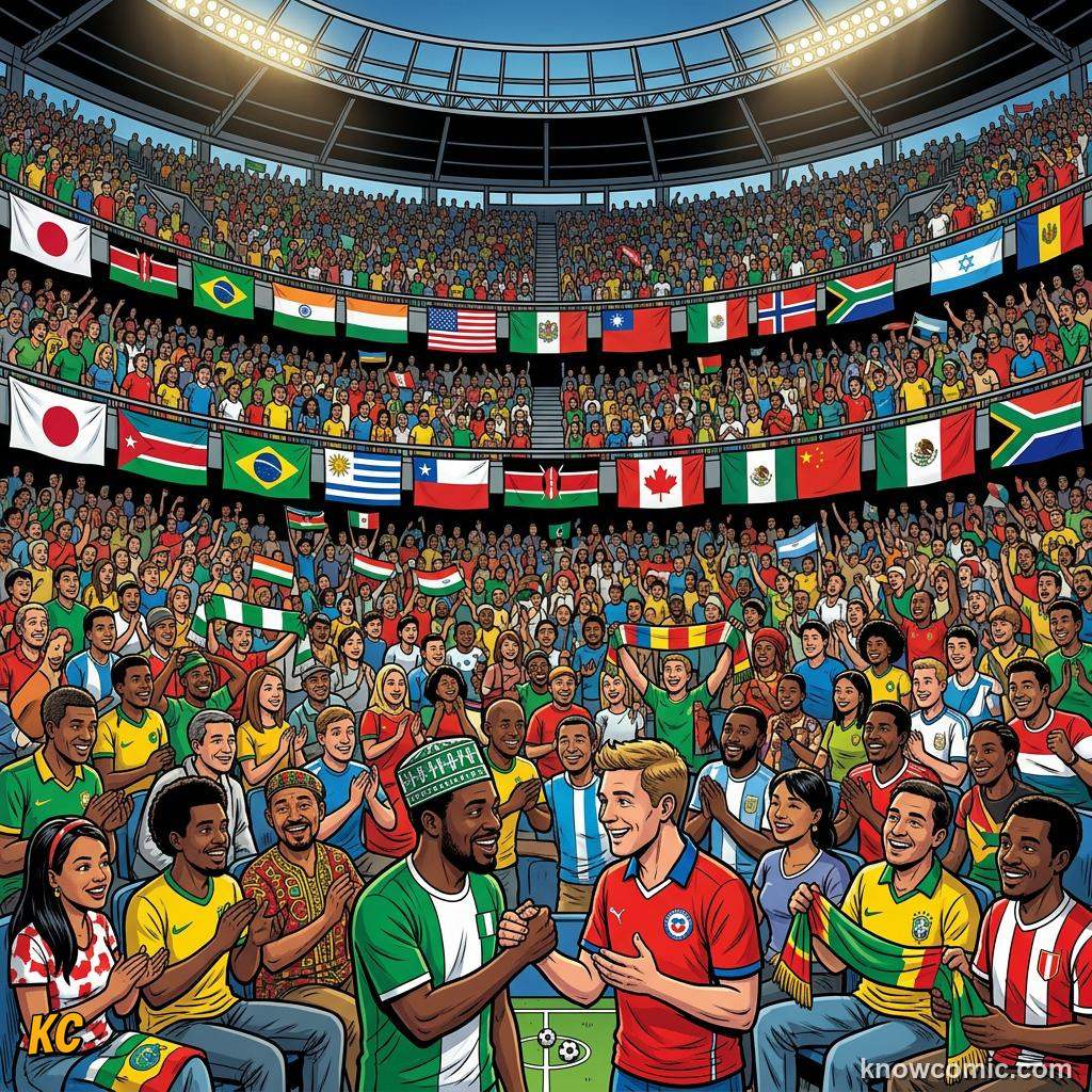 Comic panel titled why a football can go where a diplomat cannot, labelled equal pitch, from the KnowComic World Cup 2026 lesson on football & peace