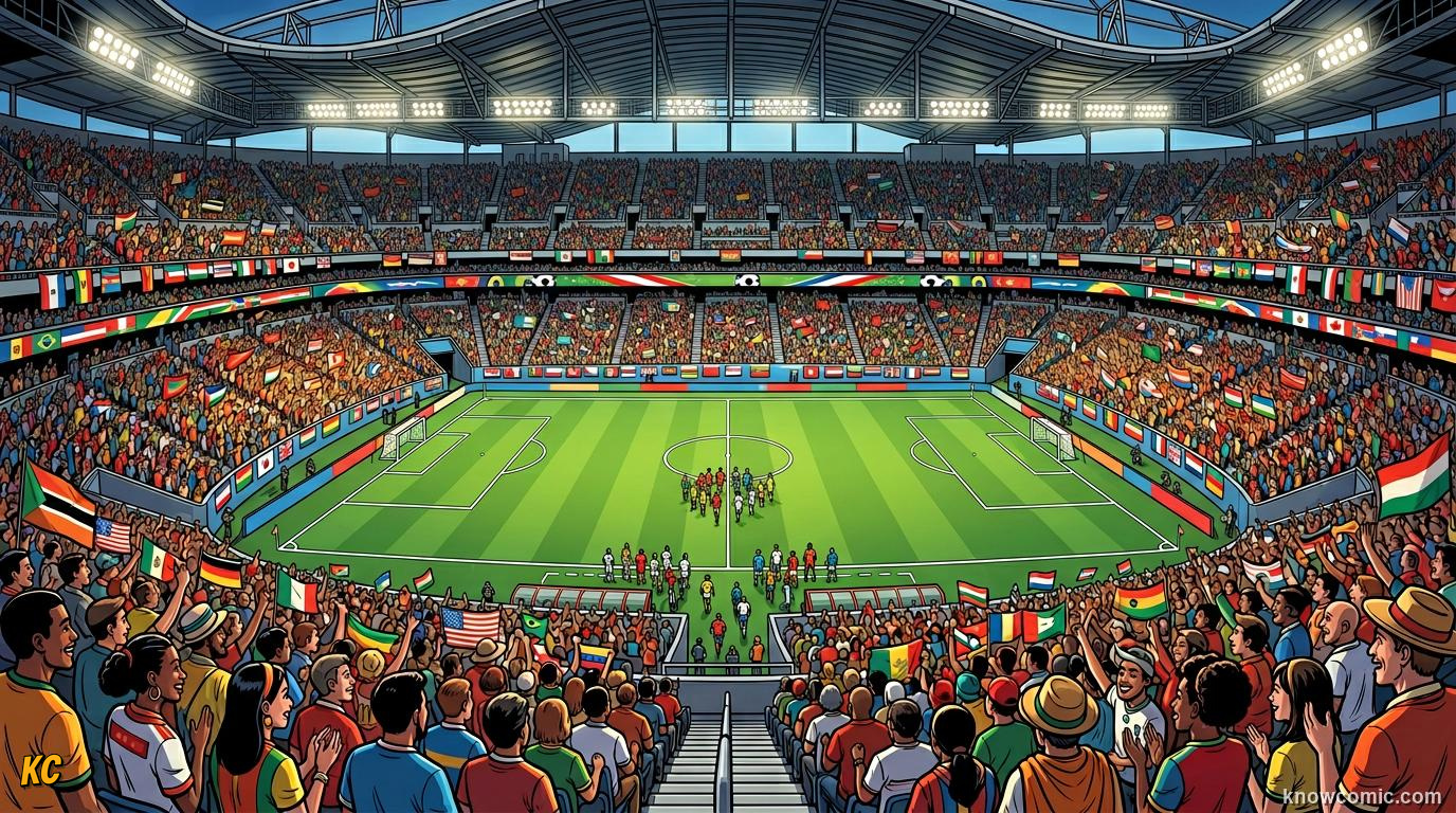 Comic panel titled why a football can go where a diplomat cannot, labelled the beautiful game's power, from the KnowComic World Cup 2026 lesson on football & peace