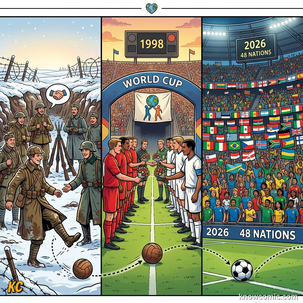 Comic panel labelled un recognition, illustrating football & peace in KnowComic's World Cup 2026 series