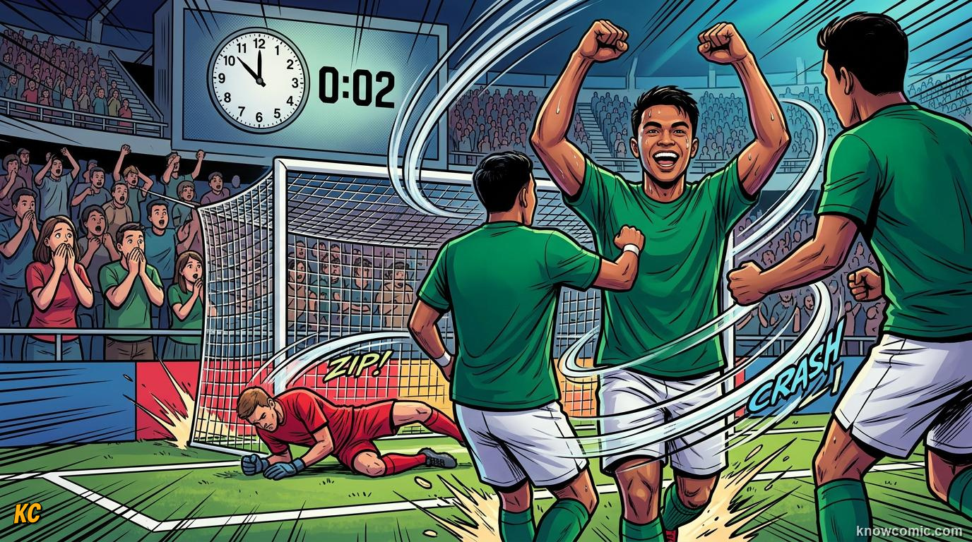 Comic panel titled the goal that was scored before fans sat down, labelled 11 seconds flat, from the KnowComic World Cup 2026 lesson on records & crazy numbers