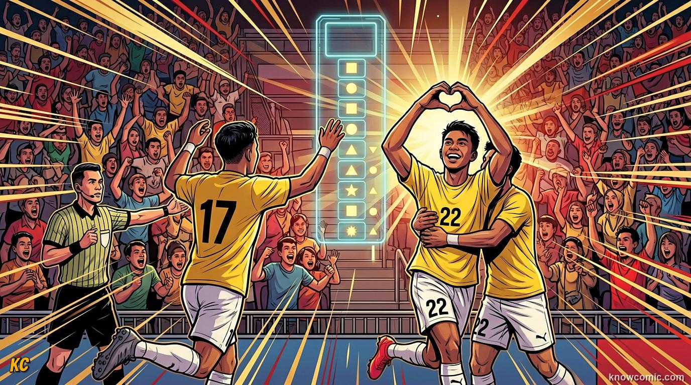 Comic panel titled the scoring record nobody has ever come close to, labelled thirteen in one tournament, from the KnowComic World Cup 2026 lesson on records & crazy numbers