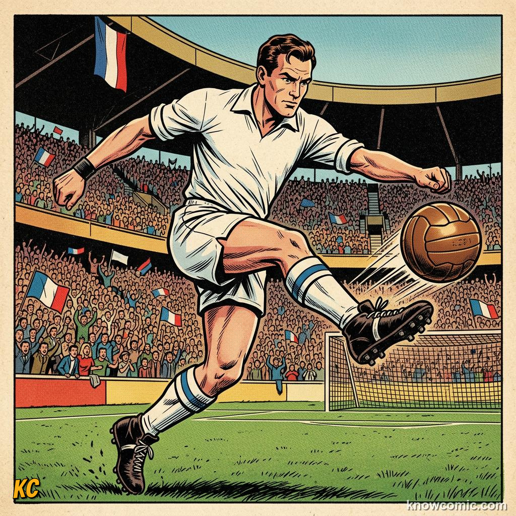 Comic panel titled from teenager to grandfather age, both on the biggest stage, labelled just fontaine, from the KnowComic World Cup 2026 lesson on records & crazy numbers