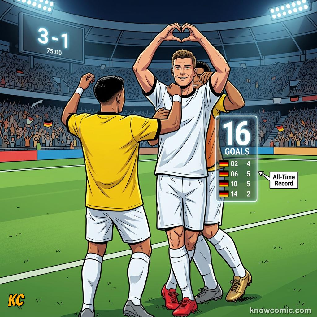 Comic panel titled from teenager to grandfather age, both on the biggest stage, labelled miroslav klose, from the KnowComic World Cup 2026 lesson on records & crazy numbers