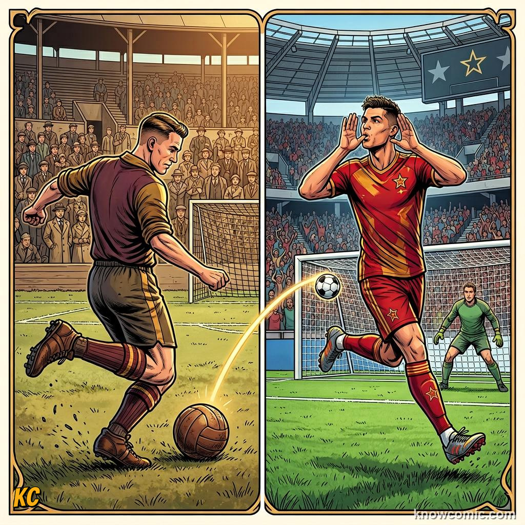 Comic panel titled from teenager to grandfather age, both on the biggest stage, labelled the numbers, from the KnowComic World Cup 2026 lesson on records & crazy numbers