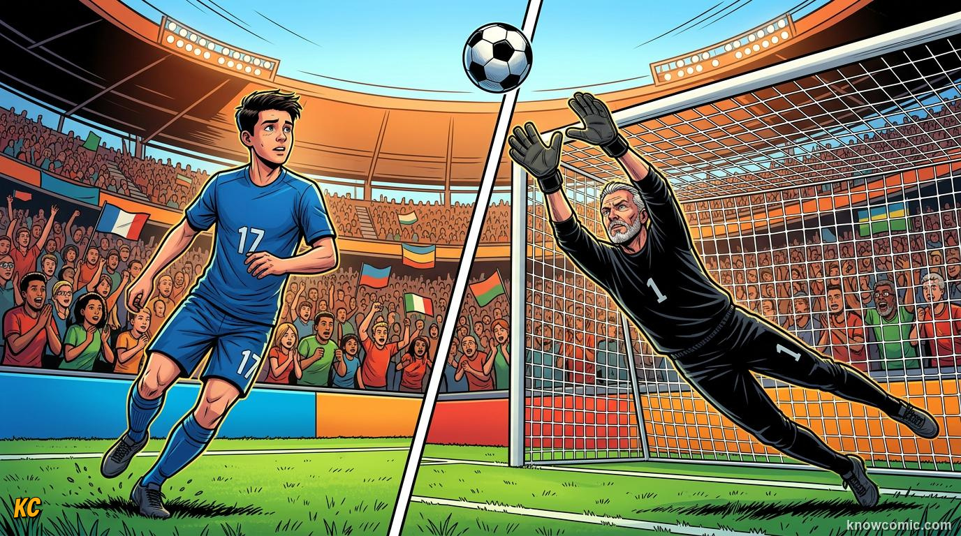 Comic panel titled from teenager to grandfather age, both on the biggest stage, labelled a 28 year age gap, from the KnowComic World Cup 2026 lesson on records & crazy numbers
