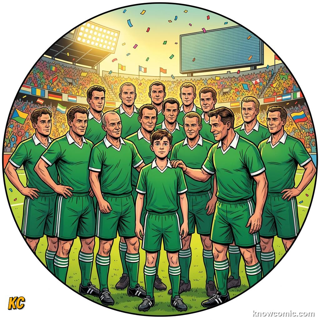 Comic panel titled from teenager to grandfather age, both on the biggest stage, labelled the youngest, from the KnowComic World Cup 2026 lesson on records & crazy numbers