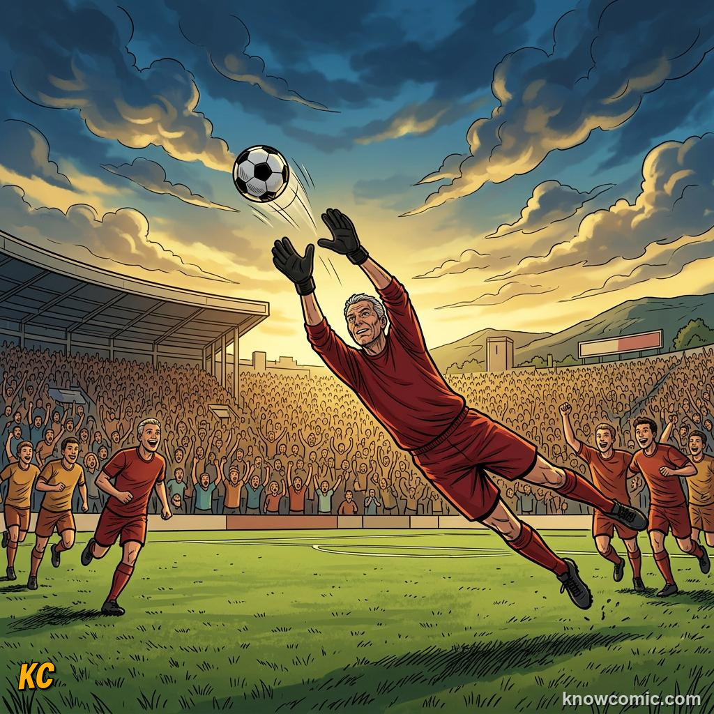 Comic panel titled from teenager to grandfather age, both on the biggest stage, labelled the oldest, from the KnowComic World Cup 2026 lesson on records & crazy numbers