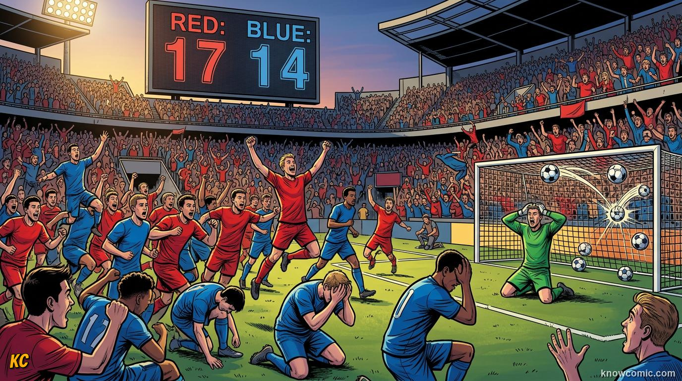 Comic panel titled the match with more goals than a whole weekend of fixtures, labelled twelve goals in one match, from the KnowComic World Cup 2026 lesson on records & crazy numbe