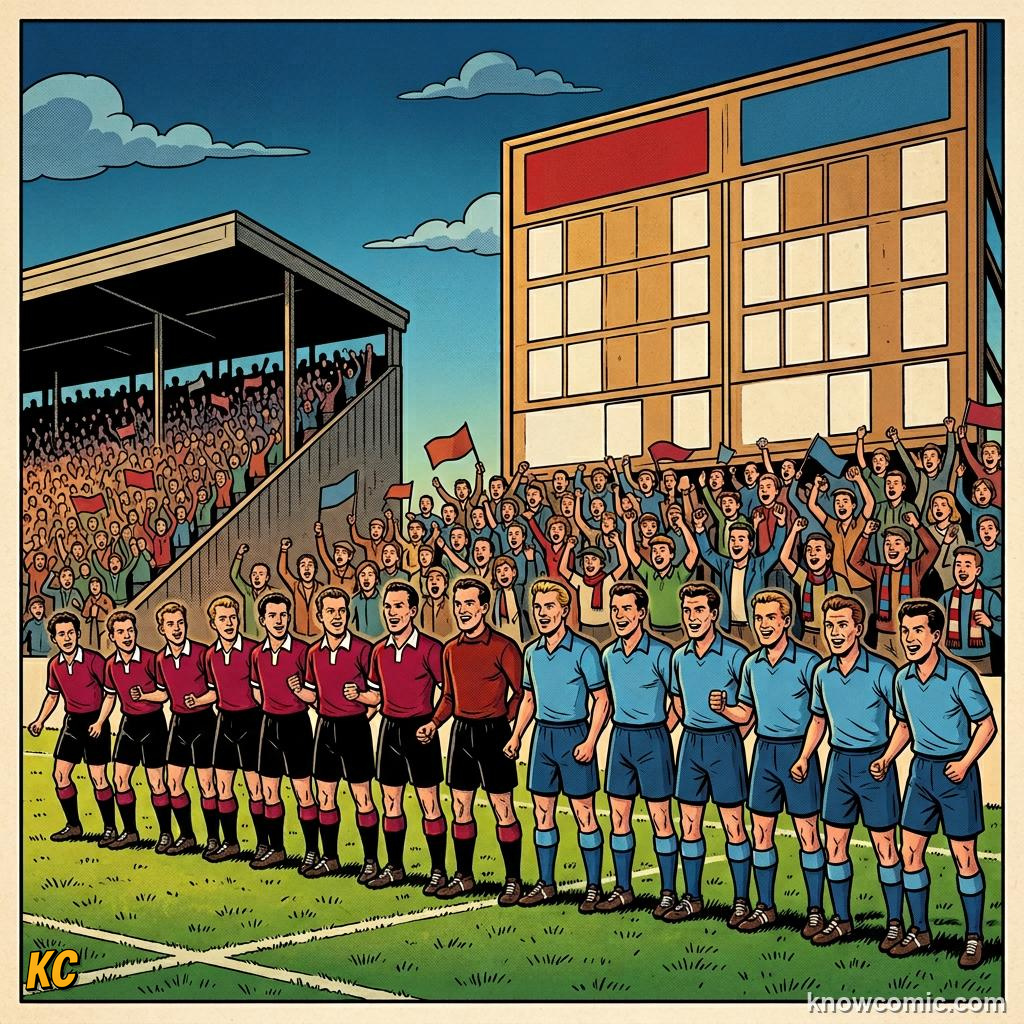 Comic panel titled the biggest crowd ever to watch a football match, labelled 1954 thriller, from the KnowComic World Cup 2026 lesson on records & crazy numbers