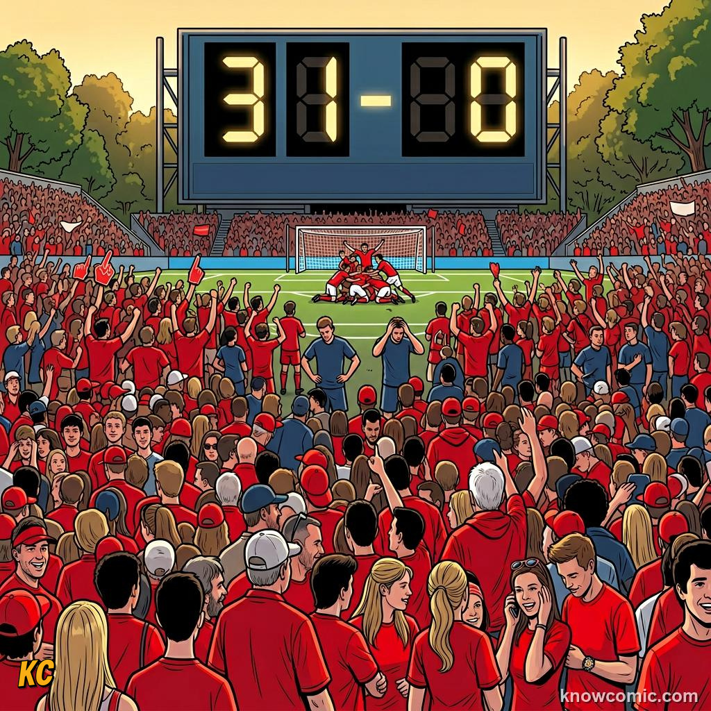 Comic panel titled the biggest crowd ever to watch a football match, labelled 1982 rout, from the KnowComic World Cup 2026 lesson on records & crazy numbers