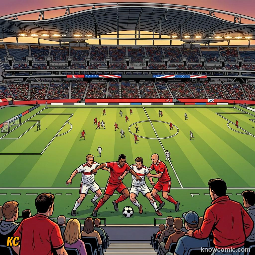 Comic panel titled the biggest crowd ever to watch a football match, labelled the lesson, from the KnowComic World Cup 2026 lesson on records & crazy numbers