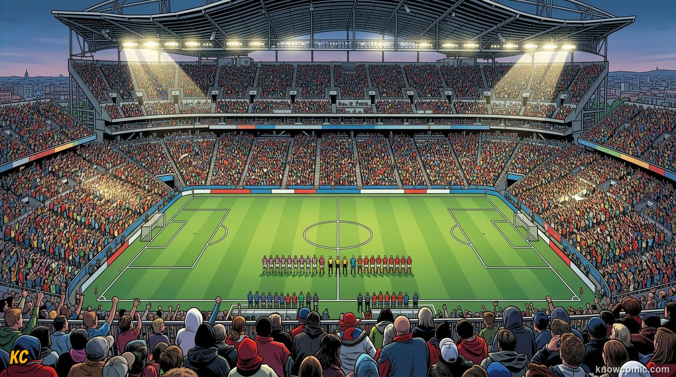 Comic panel titled the biggest crowd ever to watch a football match, labelled 200,000 fans in one stadium, from the KnowComic World Cup 2026 lesson on records & crazy numbers