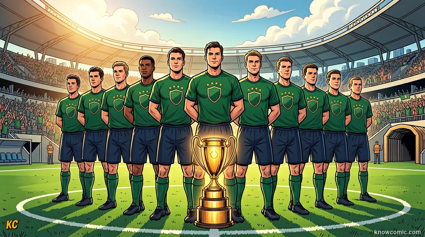 Comic panel titled a little symbol that tells a big story, labelled a golden star for every title, from the KnowComic World Cup 2026 lesson on after the final whistle