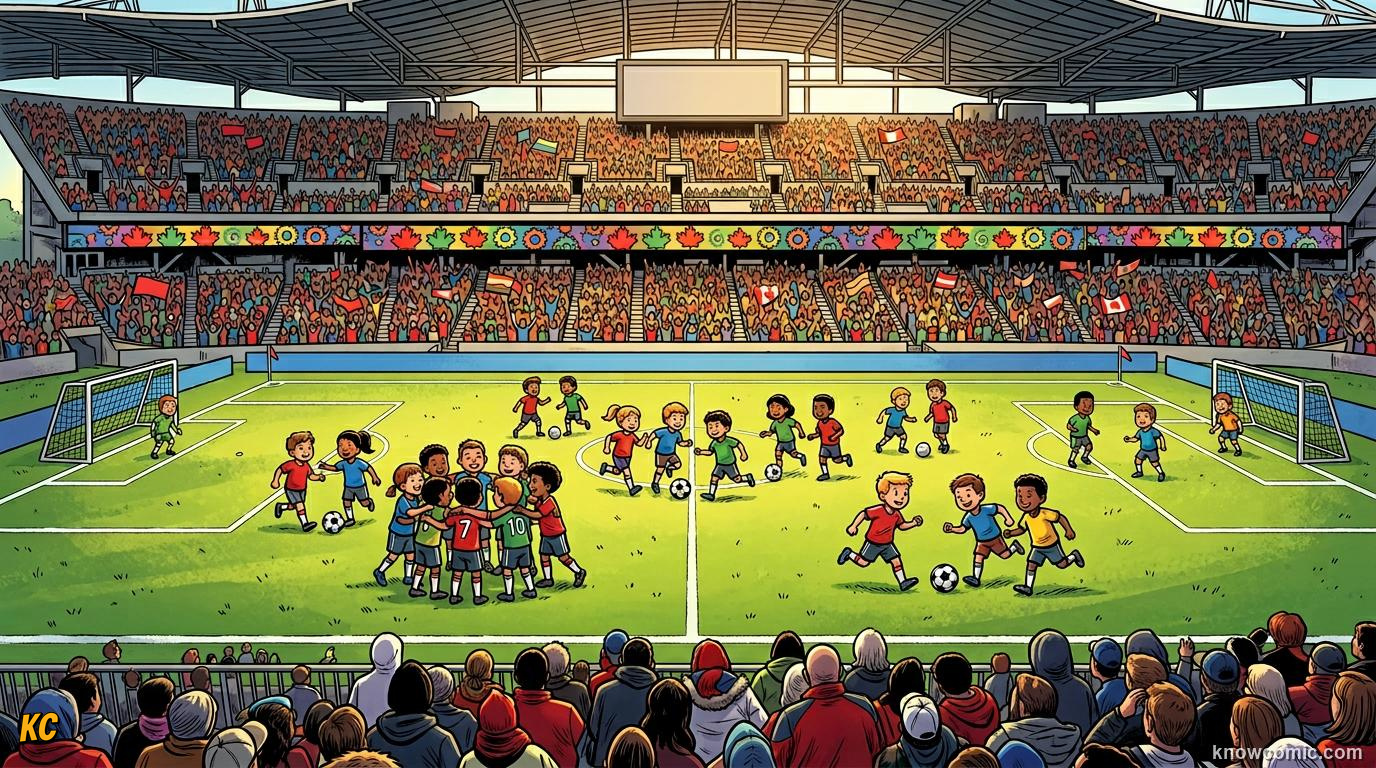 Comic panel titled when a trophy builds playgrounds and dreams, labelled a nation transformed, from the KnowComic World Cup 2026 lesson on after the final whistle