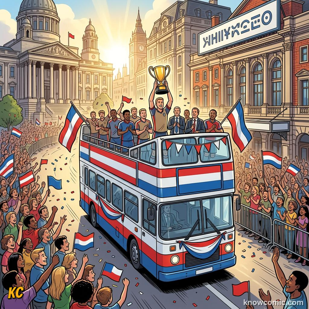 Comic panel titled when a trophy builds playgrounds and dreams, labelled parade tradition, from the KnowComic World Cup 2026 lesson on after the final whistle