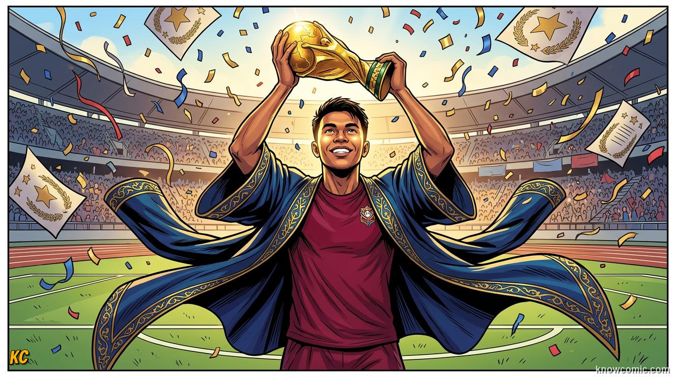 Comic panel titled from footballer to national icon overnight, labelled coming home a hero, from the KnowComic World Cup 2026 lesson on after the final whistle