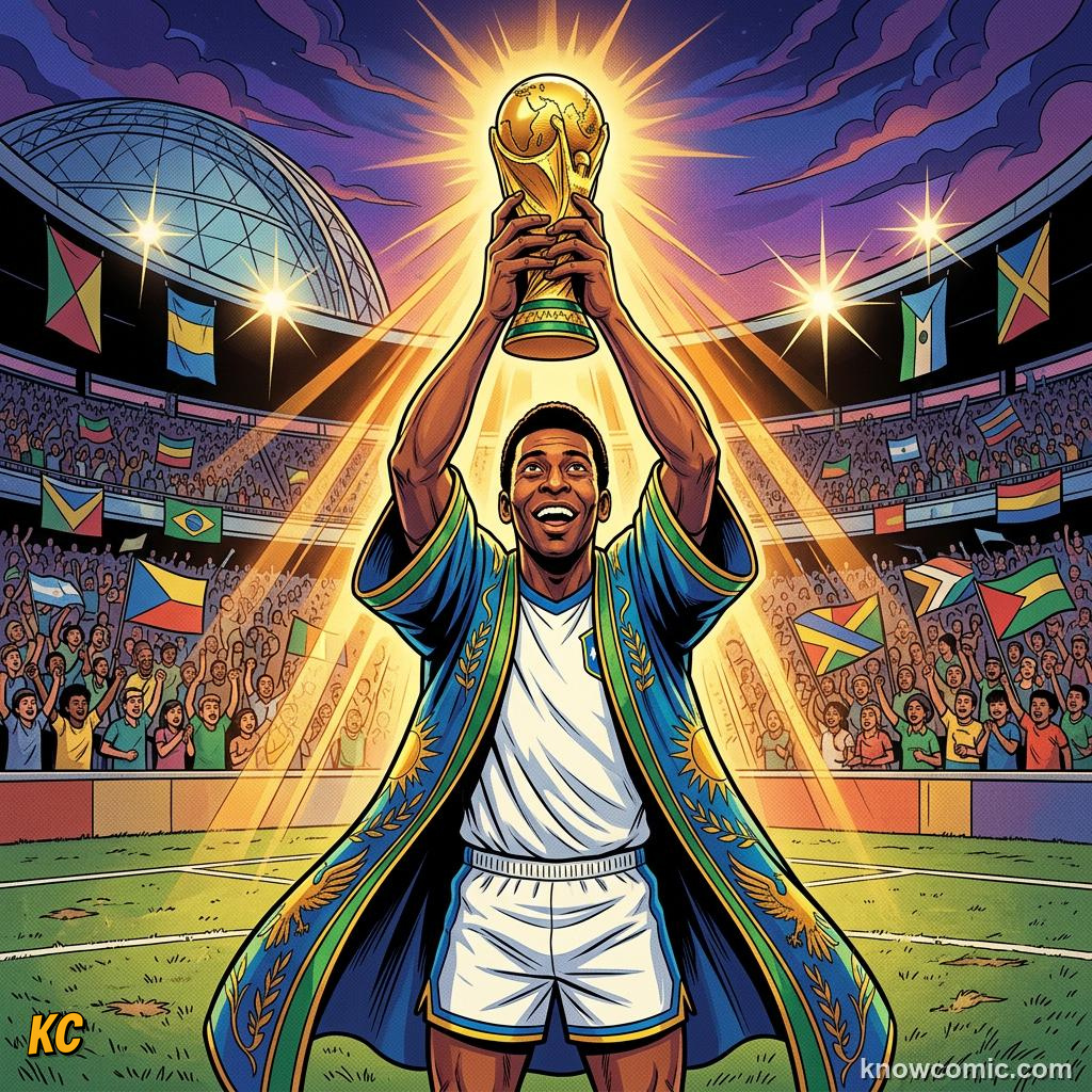 Comic panel titled every champion was once a kid watching on tv, labelled messi 2022, from the KnowComic World Cup 2026 lesson on after the final whistle