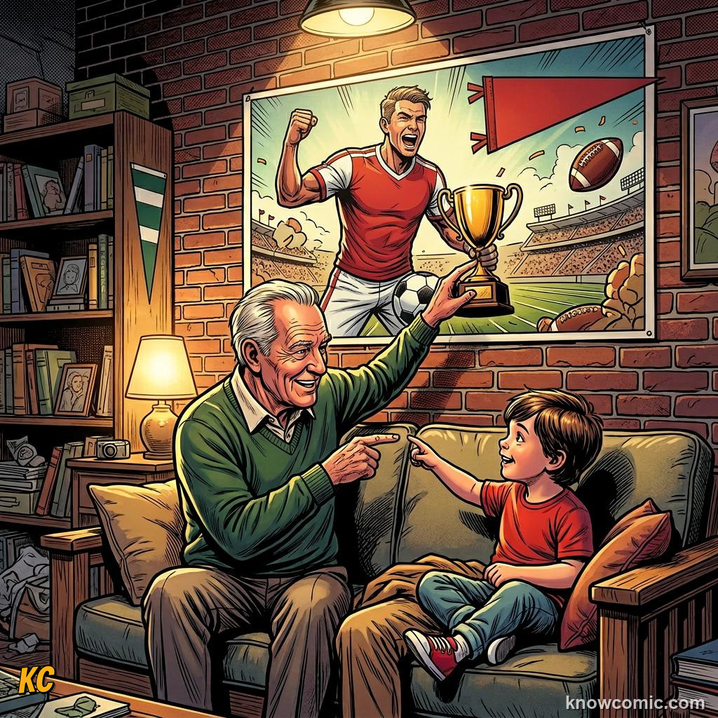Comic panel titled every champion was once a kid watching on tv, labelled lasting fame, from the KnowComic World Cup 2026 lesson on after the final whistle