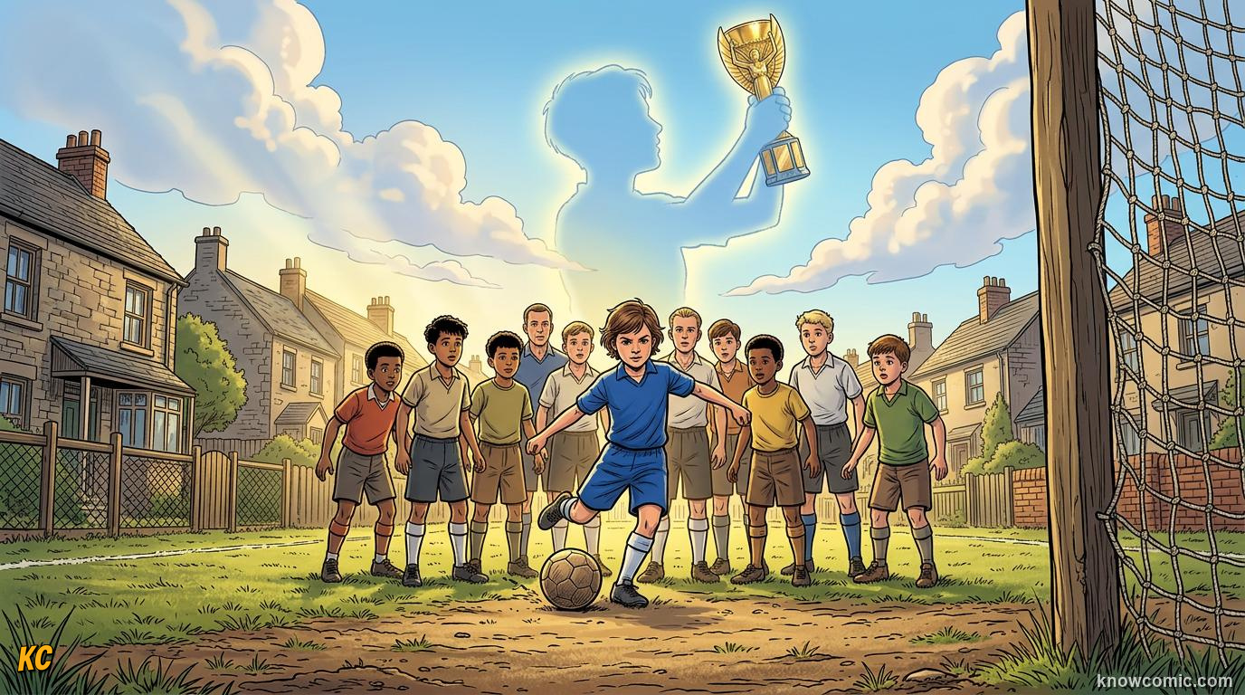 Comic panel titled every champion was once a kid watching on tv, labelled a trophy that never stops inspiring, from the KnowComic World Cup 2026 lesson on after the final whistle
